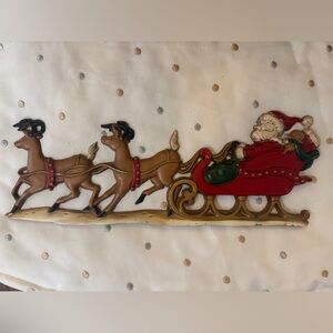 Vintage Santa Sleigh Reindeer Metal Wall Hanging 16" long Christmas Sexton USA